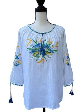 White Embroidered Peasant Blouse with Blue & Yellow Floral Detail